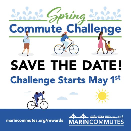 Illustrated graphic of people walking and biking with the text Spring Commute Challenge