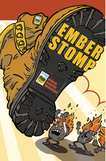 Drawing of a large boot stomping out burning coals with 'Ember Stomp' on the tread of the boot
