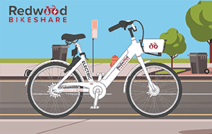 Illustrated graphic of the white electric bike offered through Redwood Bikeshare