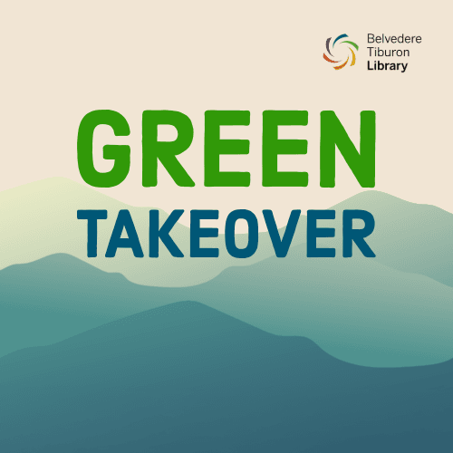 Watercolor green mountains with the text green takeover