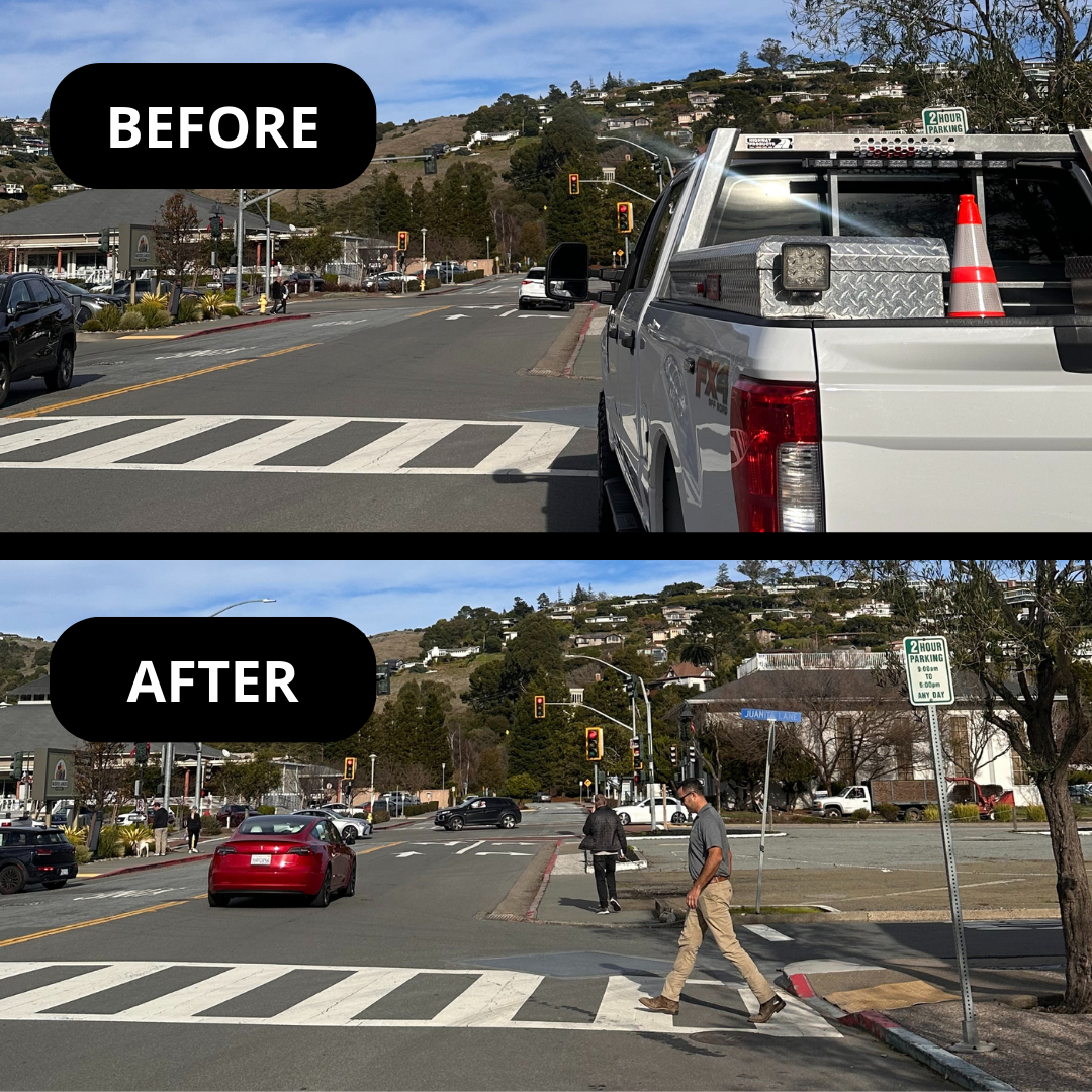 Truck blocking crosswalk visibility with second image of a clear view of a crosswalk and man walking