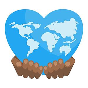Illustration of a blue heart featuring a world map held up by a pair of hands