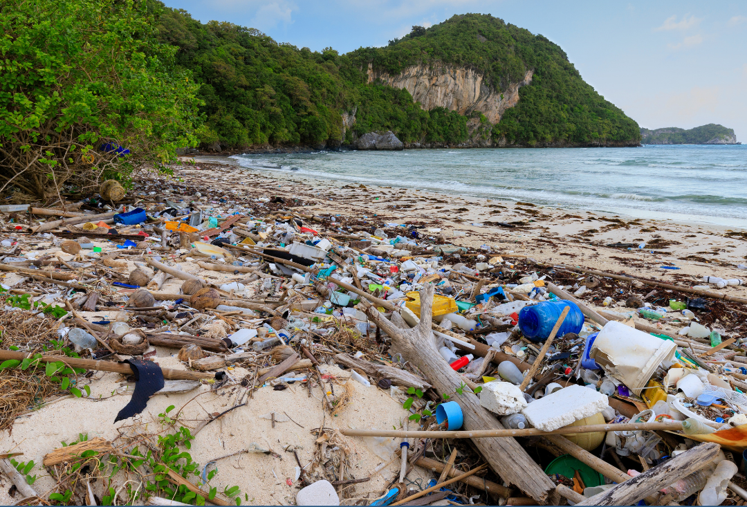 beach littered in plastic and other debris with green hills in the background