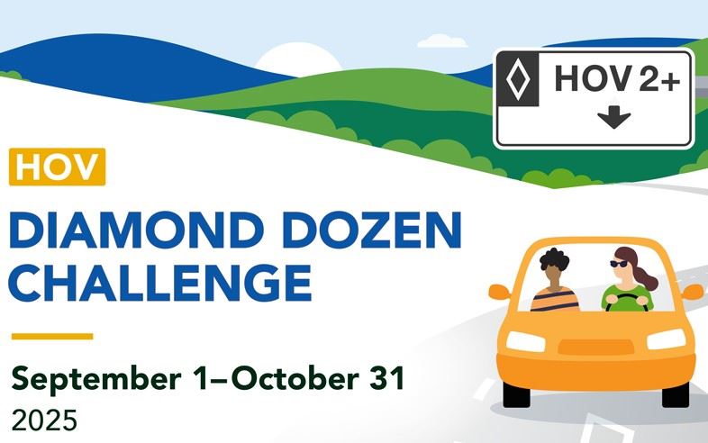 Illustrated banner promoting the HOV Diamond Dozen Challenge the graphic shows two people carpooling