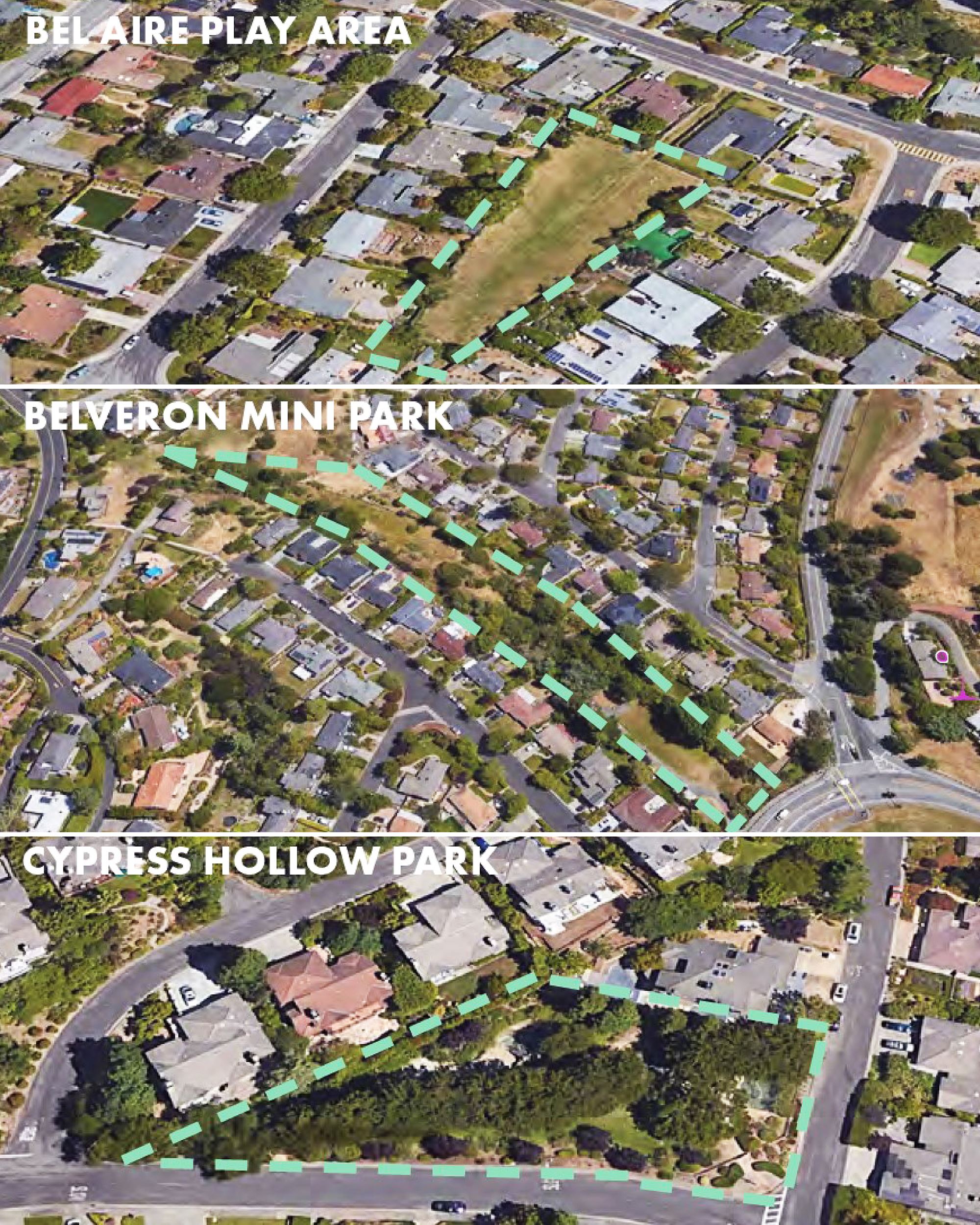 three aerial views of tiburon's mini parks with outlines around them